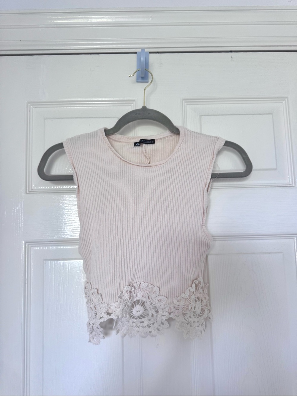 Zara Cream Ribbed Tank Top with Lace Trim